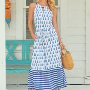 CABANA LIFE New Blue- Halter-Waist Tie/Tiered/Ruffle-Packets-Maxi Dress UPF 50+